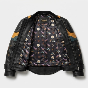 Chaqueta Bomber de Cuero Genuino para Hombre con Bordado a Mano y Patrones Coloridos, Cuello Camisero, Cierre de Cremallera, Estilo Otoñal - Product Image 5