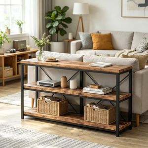 Mesa Consola Larga de Madera Maciza de Estilo Rústico Moderno de 11.8 Pulgadas para el Hogar y Apartamentos, Muebles para Sala de Estar - Product Image 1