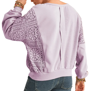 Women's Crew Neck Long <b>Sleeve</b> T-Shirt With <b>Lace</b> <b>Sleeves</b> Solid Color Casual Top Autumn Wear Breathable Knitted Fabric - Product Image 4