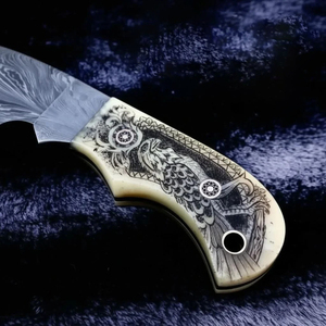 Handmade Damascus Steel Feather Pattern Hunting Skinning <b>Knife</b> with Engraved <b>Bone</b> <b>Handle</b> and Leather Sheath - Product Image 2