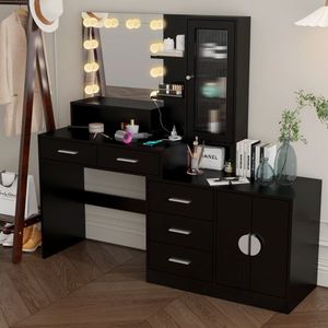 <b>Large</b> Black Makeup Vanity <b>Desk</b> <b>with</b> 10 LED Lights Charging Station Mirror <b>Drawers</b> Storage Shelves - Product Image 2