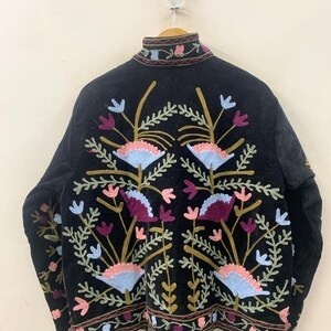 Ethnic Style Winter Jacket Velvet Suzani Cropped Bohemian <b>Coat</b> with Floral Embroidery for Festivals or Casual Wear - Product Image 3