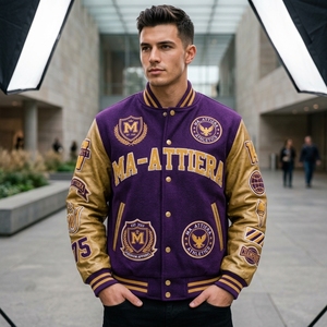 <b>Purple</b> Gold Letterman Jacket Wool Body Leather Sleeves Embroidered Patches Snap Button Custom OEM ODM Wholesale - Product Image 3
