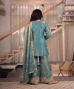 Conjunto de Palazzo de Seda Teal Bordada con Dupatta para Mujer, Estilo Tradicional Holgado Informal de India y Pakistán 86086 MARUTI 33-(MT-4027) - Product Image 2