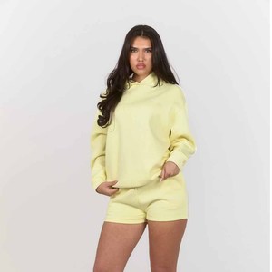 Factory Wholesale Logo Custom Light Yellow Printed <b>Knitted</b> Pullover Pocket Boxy Fit Women's <b>Sets</b> for Women Casual 100% Cotton - Product Image 1