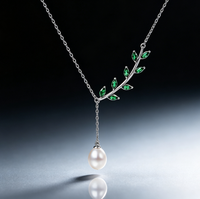 Collier en Y personnalisé avec feuille verte et perle, chaîne en argent, pendentif botanique en zircone marquise pour femme, bijoux élégants en gros