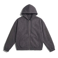 Sweat à capuche zippé vintage en faux daim délavé pour homme, coupe lourde, brodé, épaules tombantes, style streetwear