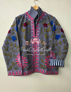 Handcrafted Grey Velvet Suzani Embroidery Woven Breathable Eco-Friendly Premium <b>Quilted</b> Winter Jacket Boho Chic Women Full - Product Image 4