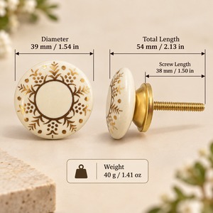 Poignée de meuble décorative SHUBAHM en céramique ivoire avec motif floral doré, bouton rond pour tiroir et armoire - Product Image 5
