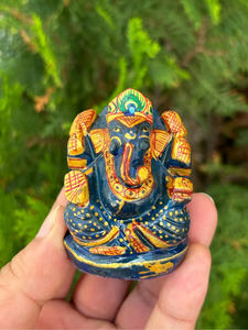 Hand Carved Hand Painted Lapis Lazuli Ganesha <b>Statue</b> | 2.25 Inch Mini Ganesh Idol | Hindu Home Temple Decor - Product Image 1