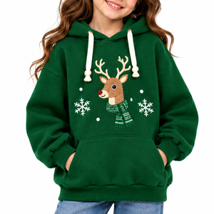 Vente en gros de sweats à capuche pour filles et enfants en coton molletonné avec broderie de rennes et d'hélices de neige, imprimé de Noël, OEM ODM, haut d'hiver - Product Image 3
