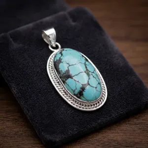 925 Sterling Silver Tibetan Turquoise Pendant Natural Gemstone Oval Cabochon Handmade Vintage Jewelry Wholesale Fashion Pendants - Product Image 2