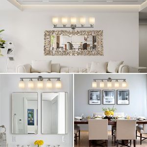 Applique da Parete Moderna a 5 Luci, 79 cm, Finitura Nichel Spazzolato, Paralumi in Vetro Satinato per Illuminazione Bagno e Corridoio, Lampadine Non Incluse - Product Image 5