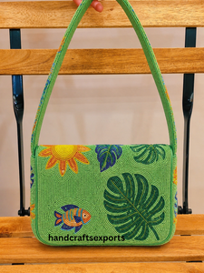 Sac à bandoulière de luxe fait main, motif paradis tropical, perles, poisson océanique, feuille de Monstera, papaye, sac à rabat pour femme - Product Image 2