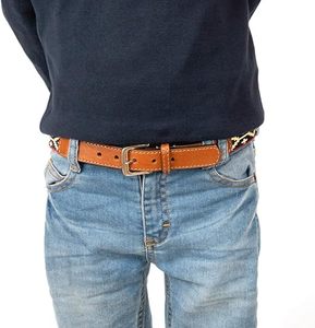 Men's <b>Elastic</b> Webbing Leather <b>Belt</b> with Brass Antique Buckle Designer Green Recycled Webbing <b>Belt</b> with Leather - Product Image 5