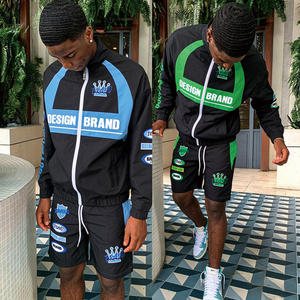 Men's Contrast Panel Nylon <b>Tracksuit</b> Set Graphic Print Zip up Windbreaker Jacket Shorts Racing Streetwear Wholesale - Product Image 2
