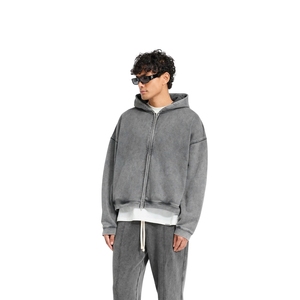 Conjunto de Sudadera con Capucha y Pantalones de Chándal para Hombre, Gris Lavado, con Cremallera, de Forro Polar Oversize, a Juego, Venta al por Mayor - Product Image 1