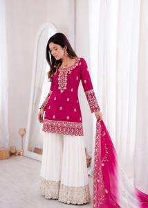 Ensemble Anarkali traditionnel indien pakistanais pour femmes, rose, brodé, avec dupatta, vêtements de mariage, coupe ample, en coton - Product Image 2