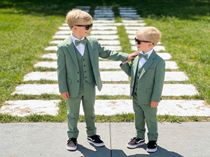 Boys Sage Green 3 Piece Suit <b>Set</b> with Vest & Bow Tie Kids Wedding Party Formal <b>Blazer</b> Pant Outfit Ring Bearer Formal Wear - Product Image 1