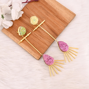 Boucles d'oreilles pendantes élégantes en pierres Druzy solaires et Druzy roses, plaquées or, bijoux en laiton faits à la main pour femmes - Product Image 3