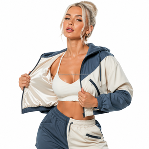 Ensemble veste et short pour femme, couleur personnalisable, capuche réglable avec cordon de serrage, tissu léger et imperméable, personnalisable - Product Image 6