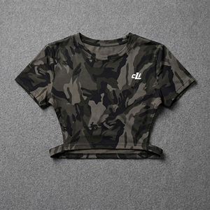 Custom Dark <b>Camo</b> Side Cutout Crop <b>Top</b> <b>women's</b> shirt Streetwear OEM Fitness Fashion Manufacturer Private Label Slim Fit Cotton - Product Image 3