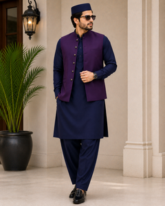 <b>Men's</b> Navy Blue <b>Kurta</b> Pajama With Purple Waistcoat Traditional Indian Pakistani Wedding Attire Cotton Clothing - Product Image 6