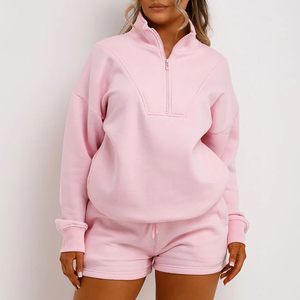 Women Plus Size <b>Pink</b> Quarter-Zip Sweatshirt Set Solid Color Casual Loose Fit Full Sleeve Shorts Cotton <b>Tracksuit</b> Spring Wear - Product Image 1