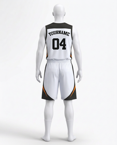 Ensemble de maillots de basket-ball personnalisés, blanc, noir, orange, nom de l'équipe, numéro 04, sublimé, séchage rapide, sans manches, col en V, coupe athlétique pour hommes - Product Image 6