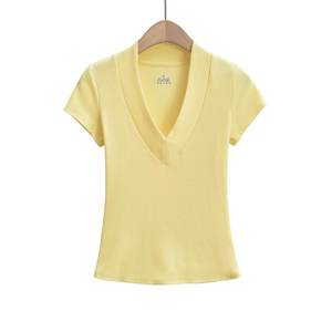 Women's V-Neck Short Sleeve Slim Fit <b>Woolen</b> Logo Print Patchwork T-Shirt Solid Color Casual Breathable Regular Length All - Product Image 5