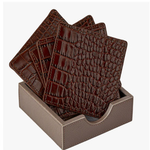 Sous-verres en cuir de crocodile marron, sous-verres en cuir de qualité supérieure, sous-verres pour boissons avec support, sous-verres carrés en cuir de crocodile de 4 pouces - Product Image 1