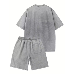 Men Acid Wash Summer <b>Set</b> High Quality Two Piece Outfit Acid Washed Short Sleeve Shirt And Matching Shorts For Active Lifestyle - Product Image 2