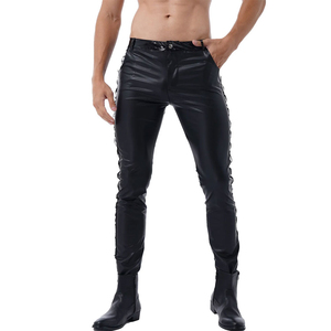 Pantalones de Cuero PU Negros para Hombre, Cintura Alta, Corte Recto, con Cordones Laterales, Estilo Gótico, para Invierno - Product Image 3