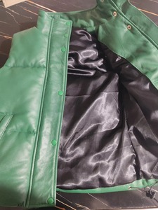 Gilets matelassés en cuir véritable pour hommes, col montant, fermeture boutonnée, vert uni, streetwear d'hiver, décontracté, sans manches, épais - Product Image 2