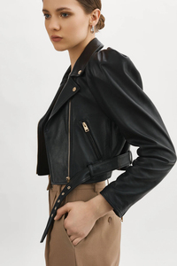 Women Black Cropped <b>Biker</b> <b>Jacket</b> Puff Shoulder Fashion Zipper Motorcycle <b>Jacket</b> - Product Image 3