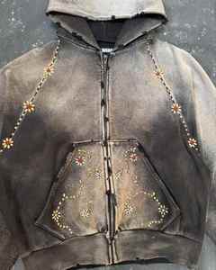 Sudadera con capucha unisex con cremallera y estampado floral desgastado, estilo vintage, marrón, oversize, streetwear, con brillo floral, 2026 - Product Image 4