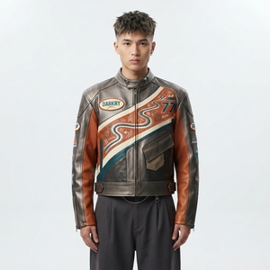 Workshop <b>Mens</b> Bronze <b>Brown</b> <b>Leather</b> Motorcycle <b>Jacket</b> Route 66 Speedway Racing Team Embroidered Patch Coat - Product Image 1