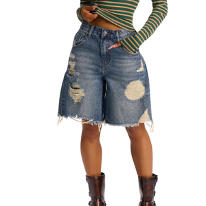 Shorts en jean déchirés pour femme, coupe décontractée taille mi-haute, 100 % coton, séchage rapide, respirant, bleu, ourlet effiloché - Product Image 1