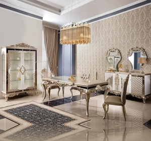 Ensemble de table à manger en teck massif blanc doré de luxe, meubles de salle à manger classiques européens sculptés, fabriqués en Indonésie - Product Image 1