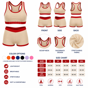 HMR Sisterhood Sorority 2 Piece Yoga Set Beige <b>Red</b> Contrast Binding Racerback <b>Crop</b> <b>Top</b> High Waist Shorts Seamless - Product Image 6