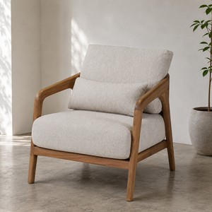 Sillón Moderno y Duradero de Madera de Teca Sólida, con Cojín Tapizado en Tela, Estilo Escandinavo Minimalista, para Sala de Estar o Patio - Product Image 6