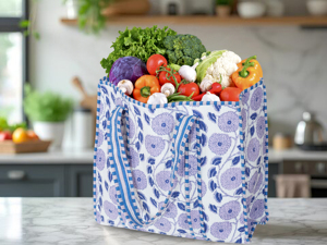 Quilted Cotton Open Tote <b>Bag</b> Women White Blue Marigold Block Print <b>Large</b> <b>Shoulder</b> <b>Bag</b> Handmade India Boho Beach Shopping <b>Bag</b> - Product Image 4