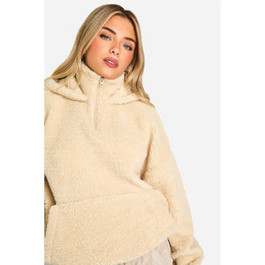 Women's Oversized Hooded Fleece Pullover Sweatshirt Solid Color Drop-Shoulder <b>Long</b> <b>Sleeve</b> Winter <b>Crop</b> Top with Pockets - Product Image 5