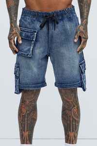 Pantalones Cortos Cargo de Mezclilla Azul para Hombre, Cintura Media, Cierre Elástico, con Bolsillos con Solapa, Estilo Casual, Acabado Lavado - Product Image 2