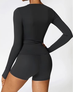 Conjunto de Yoga de 2 Piezas para Mujer, Cuello Redondo, Manga Larga, Pantalones Cortos de Cintura Alta, Color Sólido, Sin Costuras, Elástico, Ropa Deportiva Activa - Product Image 2