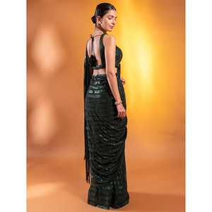 Attrayant Paillettes Vert Foncé Georgette Mehendi Wear Saree - Product Image 2