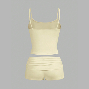 Women's 2 Piece Sports <b>Set</b> Solid Yellow Strapless Tank Top and Above Knee Shorts Breathable Knitted Activewear Spring Summer - Product Image 3