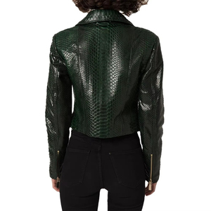 Veste de moto d'hiver en cuir PU vert effet peau de serpent SEAMER WEAR, col rabattu, fermeture éclair, manches longues - Product Image 3