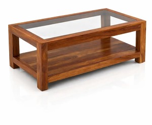 Modern Solid Wood <b>Coffee</b> <b>Table</b> with Glass Top | 2-Tier Wooden Center <b>Table</b> | Jodhpur Export - Product Image 4