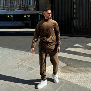 Ensemble de survêtement en velours marron pour homme, veste à col montant et pantalon de survêtement, tenue décontractée en deux pièces - Product Image 6